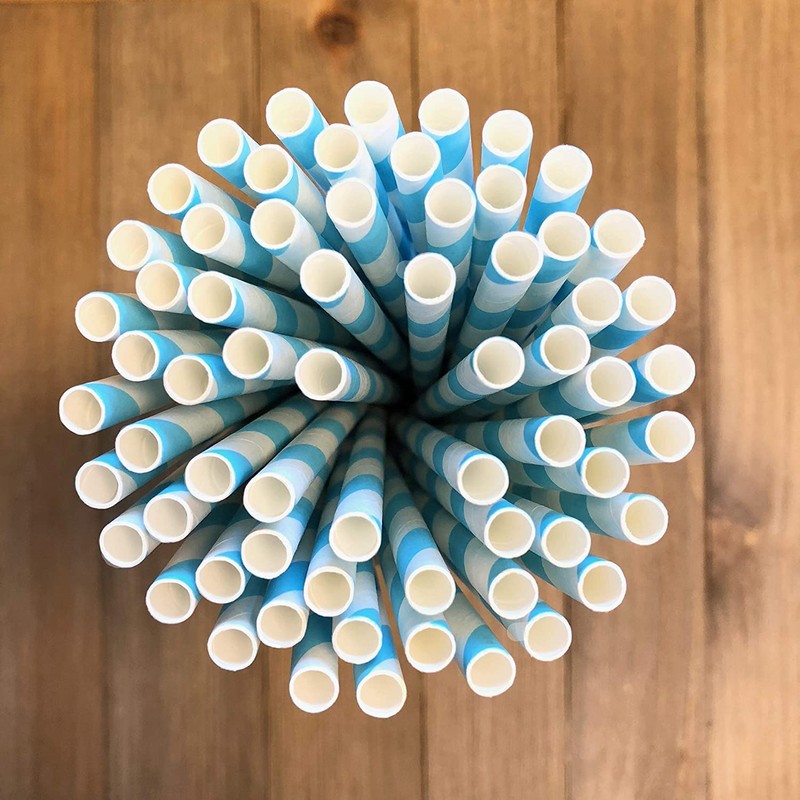 Light Blue Striped Drinking Paper Straws for Birthday Party Wedding
