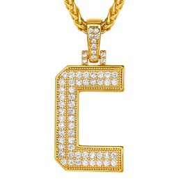 Suplight Monogram Name Necklaces, Necklace Letter C, Bling Hip Hop Jewelry, Gold Plated Micro Pave Cubic Zirconia A-Z Alphabet Initial Pendant Necklace for Men Boys