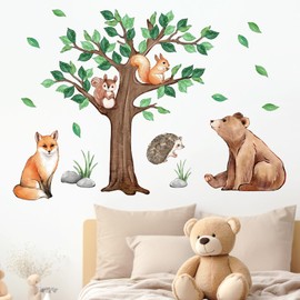 Yovkky Woodland Animals Tree Wall Decals Stickers, Cute Forest Bear Fox Hedgehog Squirrel Neutral Toddler Baby Nursery Decor, Stone Grass Home Decorations Kids Bedroom Playroom Art