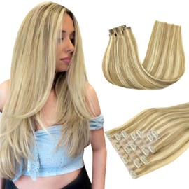 DOORES Seamless Clip in Hair Extensions Real Human Hair, Light Blonde Highlighted Golden Blonde 16 Inch 110g 7pcs, Human Hair Extensions Seamless Invisible PU Weft Hair Invisi Edge Hair Extensions
