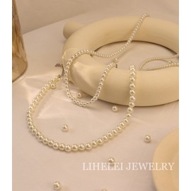 LIHELEI Pearl Necklace, 4/6/8 mm Pearl Necklace, Long Chain Pearl Necklace for Women, Silver Imitation Pearl Necklace, Pearl Orb Choker, Pearl Necklace Women's Pearl Necklace Men - 38-75 cm, Copper,