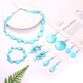 JERTOCLE Shell Necklace and Bracelet Earrings Set for Women Boho Shell Choker Necklace Bracelet Waterfall Seashell Dangle Earrings Summer Beach Jewelry (Blue)