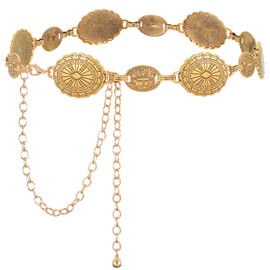 WHIPPY Women Concho Chain Belt Metal Link Western Cowgirl Turquoise Chain Belt for Dress Gold L
