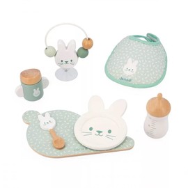 Janod Rabbit Zen Feeding Set, 7 Doll Accessories, Role Toy Made of FSC Wood and Fabric, from 24 Months, J06629, Green, S