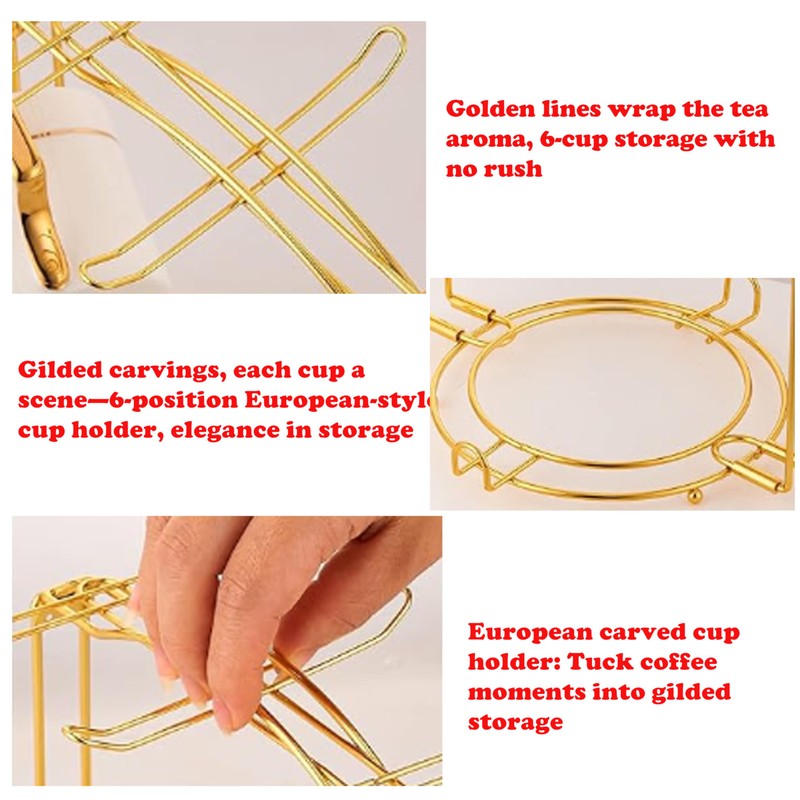 ZHQZZPH 2 Pack 6-Hook Gold Metal Teacup Holder Stand for