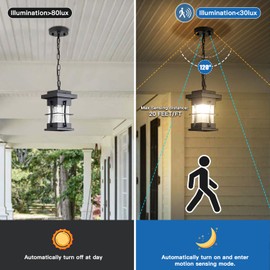 EERU Motion Outdoor Pendant Light Fixture with Dusk to Dawn Sensor Exterior Hanging Lantern with Adjustable Chain Black with Seeded Glass Outside Lights for House Patio Front Porch Lighting