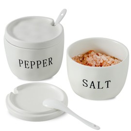 Howise 2 Pack Salt and Pepper Bowls Set, Ceramic Salt and Pepper Containers with Lid and Spoon, White Salt Pepper Holder Set, Salt Box Dish with Lid Easy to clean