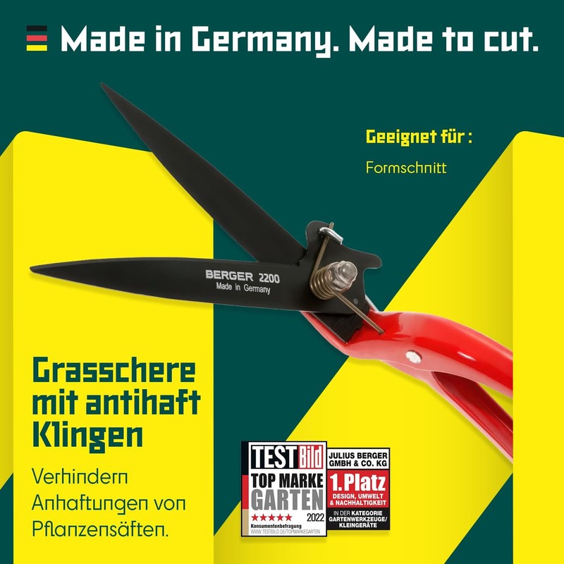 BERGER Commercial Grade Grass Shears, Self-Sharpening Steel Blades with Anti-Stick