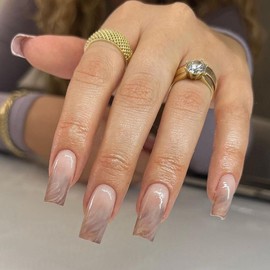 BAOYAALIN Press on Nails Medium Long Square Fake Glue on Nails with Ombre Marble Design for Women Full Cover Artificial Acrylic False Stick on Nail for Daily Wear Wedding 24Pcs