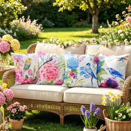 Merrycolor Outdoor Waterproof Throw Pillow Covers 18x18 Inch Set of 4 Summer Flowers Accent Farmhouse Décor Hydrangeas Butterflies Birds Decorative Pillow Covers for Couch paito Garden Sofa Blue-Pink