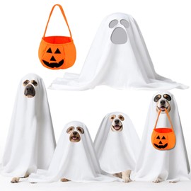 Halloween Dog Costumes with Non Woven Pumpkin Bags,Dog Halloween Costumes White Ghost Clothes Cute Funny Holiday Outfit Party Cape for Halloween Cosplay Party(Medium)