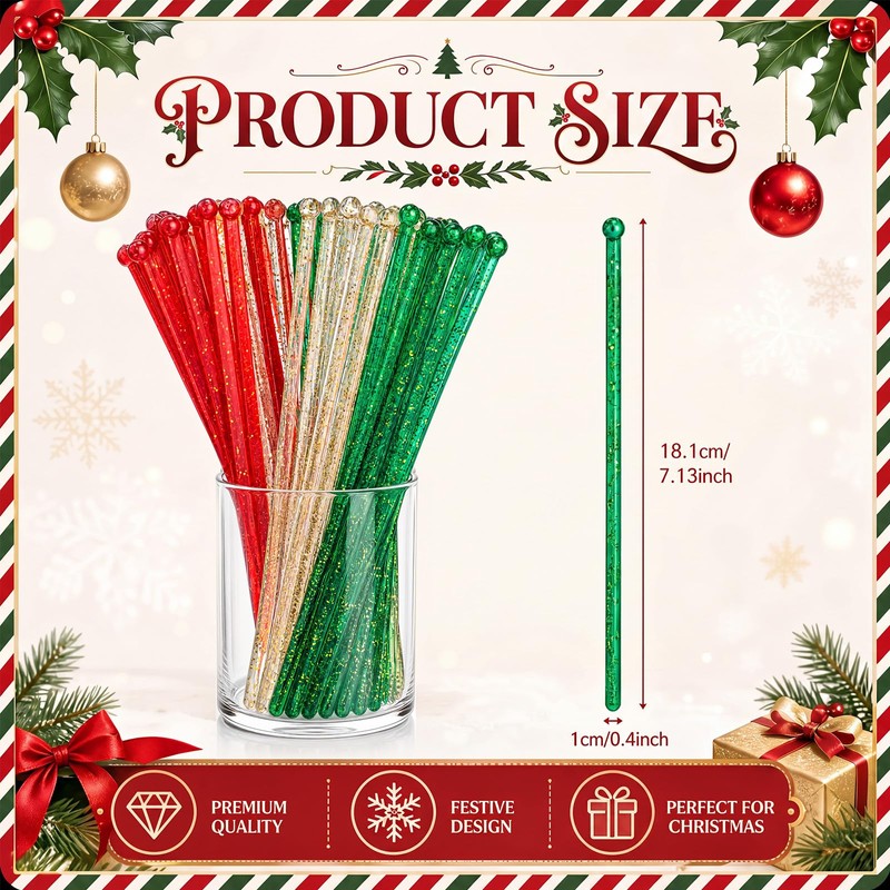 100 Pcs Plastic Swizzle Sticks Ball Head Stir Stick, Red,Green,Gold