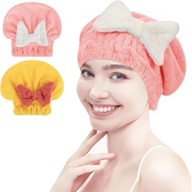 Songaa Hair Drying Cap Microfiber Hair Drying Towels, [2 Pack] Super Absorbent Head Wrap with Bowknot Shower Cap for Girls and Women (Yellow+Pink)