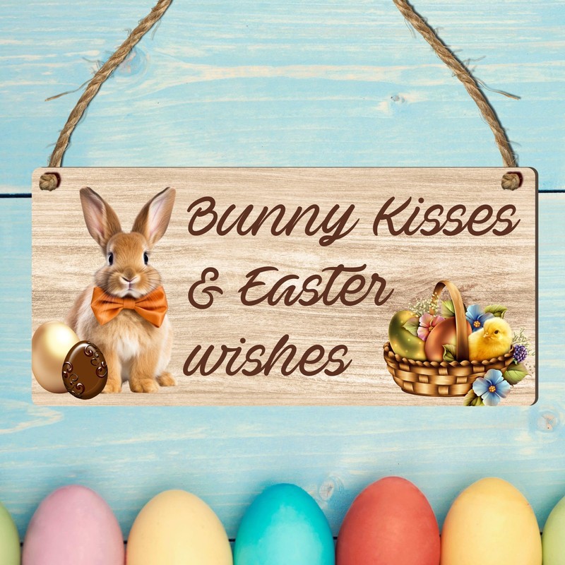 Bunny Kisses & Easter Wishes Wooden Plaque - Handcrafted Easter