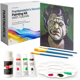 Painting4Real DIY Painting Class Kit for Adults with Video Tutorials: Learn to Paint Frankenstein – How to Paint with Acrylics – Painting & Art Supplies – 9 Piece Acrylic Paint Set