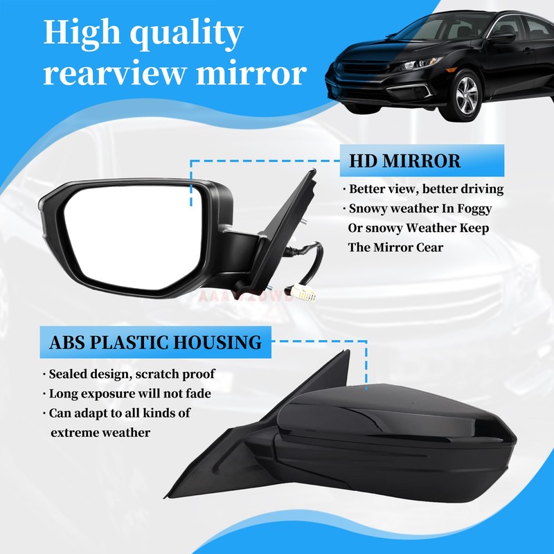 Black Left Driver Side Mirror Replacement For Honda Civic 2016-2021