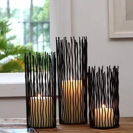 Black Metal Wire Willow Pillar Candleholder Set, Creative Hollow Geometric Candle Holder for Table Centerpiece Fireplace Mantel Decoration, Party, Wedding