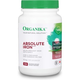 Organika Canadian-Made Absolute Iron - Iron Bisglycinate- High Availability, Gentle on Stomach, Boost Iron Levels- Beneficial for Women and Vegetarians- 120vcaps