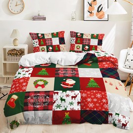 Lunoroey Christmas Bedding Duvet Cover Set Kids Boys Girls Santa Christmas Tree Reindeer Print Plaid Quilt Cover Comforter Cover Bed Sets Gift for Xmas Double 200x200 cm