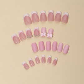24pcs Square False Nails - Pink Press On Nails With 3D Bow - Pink White French Tip False Nails With Rhinestone - Glossy Full Cover Glitter Bow Stick On Nails For Women Nail Decoration
