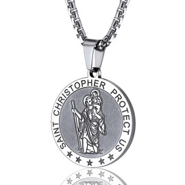 Stainless Steel Saint Christopher Shield Necklace Patron Round Medal Pendant Chain Religious Jewelry Women Men
