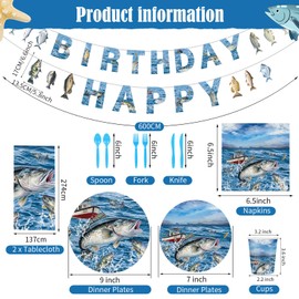 176 Pcs Fishing Party Birthday Decorations,24 Guests Fishing Themed Party Tableware Set Tablecloth Dinner Plates Dessert Cup and Napkins for Fishing Birthday Favors Fishing Decor Party Supplies