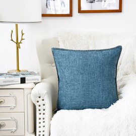 CaliTime Throw Pillow Cases Pack of 2 Cotton Thread Stitching Edges 2 Tone Woven Rustic Linen Cushion Covers for Couch Sofa Home Farmhouse Decoration 18 X 18 Inches Smoke Blue