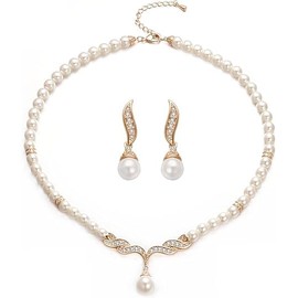 Aleasha Dainty Faux Pearl Necklace Earring Set for Women Wedding Rhinestone Pearl Pendant Bride Jewelry