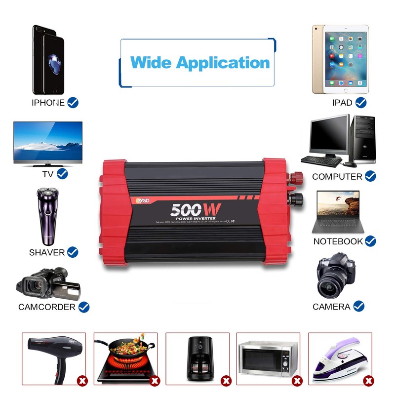 BYGD 500W Car Power Inverter DC 12V to 110V AC