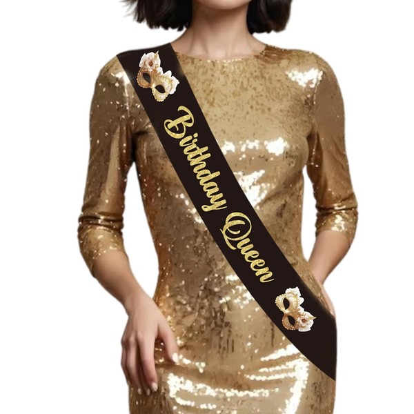 JOYMEMO Masquerade Birthday Sash Black Gold - Birthday Queen Sash