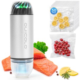 Quicolo Compact Vacuum Sealer with 60KPa Pro Suction (Incl. 30 Reusable Bags), Ice-Cooling Contact Portable Food Saver for Meal Prep, Camping & Kitchen Clutterealer for Food