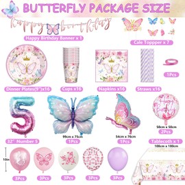 Butterfly Party Tableware Set, 5 Years Butterfly Birthday Decoration, Butterfly Birthday Party Tableware, Balloons Paper Plates, Tablecloth for Birthday Decoration, Girls Party Decoration, 16 Guests