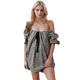 Wayolyn Aesthetic Gingham Bow Dress for Women Babydoll Dresses Short Puff Sleeve Bow Tie Fairy Sundress Party Vacation Outfit (Bowtie Black,Small,Small)