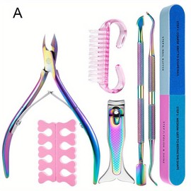 Premium Nail Care Set - Colored Stainless Steel Tools for Manicure, Cutics, Nail Art, and Trimming Needs Cuticle Pusher nail kit acrylic set - Color: 7PCS-B