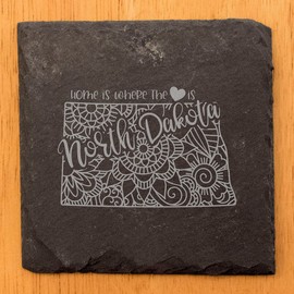 Rustic Slate Coasters Set of 5, Square 4" with North Dakota Mandala Design, 'Home is where the heart is' Quote, Perfect Gift for Holidays, Birthdays, Housewarming, Made in Oregon, USA