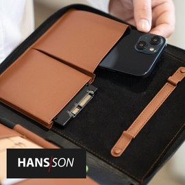 HANS/SON Business Organiser - Elegant Genuine Leather Case with 2 Compartments, Space for A5 Pad or Tablet and Important Utensils, Ideal for Travelling - Black, Brown Interior