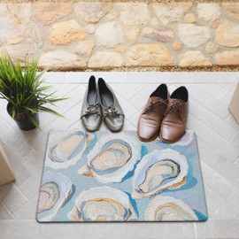 JINYO Coastal Beach Door Mat, Oyster Door Mat Indoor Outdoor Entrance Entryway Porch, Ocean Coastal Nautical Bath Mats for Bathroom, Beachy Welcome Mats, 17x30 Inch(Light Blue)