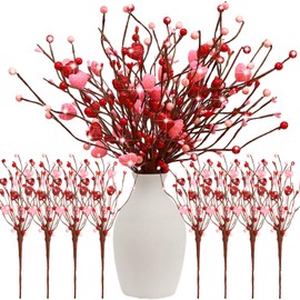 Lyrow 8 Pack Valentine's Day Artificial Glitter Berry Flower Stems Red Heart Shaped Berry Picks 16 Inch Stems Valentine's Day Gifts Flower Stems for Party Wedding Decor(Pink Red)