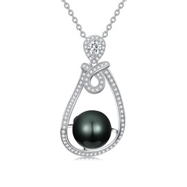 Women's Tahitian Black Pearl Necklace 9-10mm Quality Selected Tahitian Black Pearls 18k White Gold Plated Silver 18+2 Inches