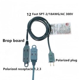12 FT Extension Cord with 3 Polar Outlets, AC 120-300 Volts, for Christmas Lights and Small Household Appliance, Lighting Controlling Power Cords.