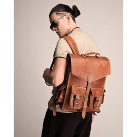 Volksy Bags Genuine Leather Backpack for Men, 15 Inch Laptop Bag, Leather Travel Backpack for Women, Vintage Designer Bookbag, Medieval Art Rucksack for College, Work & Hiking - Brown