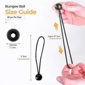 POTLAB 9 Inch 50 Pack Black Premium Bungee Cords with Balls,Versatile Ball Bungee Cords and Bungee Straps Set,UV Resistant