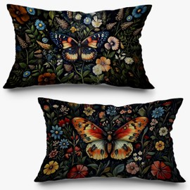 Exqcom Colorful Butterfly Floral Pillow Covers 12x20 Set of 2, Dark Cottagecore Wildflower Botanical Butterfly Moth Decorative Lumbar Pillow Covers for Home Bedroom Living Room