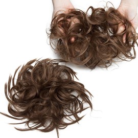 Tousled Updo Messy Bun Hair Extension Instant Ponytail With Elastic Rubber Band Updo Chignon Donut Scrunchies Extensions Hairpiece Synthetic Wavy Hair for Women Golden Brown
