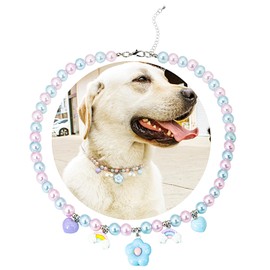 SM4BED Dog Collar Pearl Necklace, White and Pink Beads with Cute Blue Flower Pendant and Adorable Rainbow Heart, Adjustable Pet Jewelry for Large Dogs, XXL 20.5IN