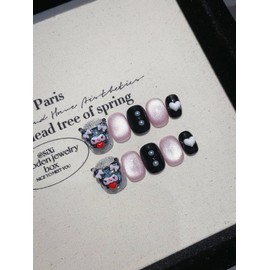 Handmade Press On Nails Short MouyouGlow, Squoval Round Kawaii Cute Black Pink Cat Eye 3D Kuro mi Kitty Carton Heart Magnetic Black Resuable Fake Nails, Handmade Artificial Fingernails, 10 Pieces,