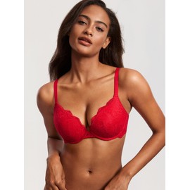 DOBREVA Women's Push-Up Bra with Lace, Padded, Plunge Underwire, Full Cup Bra, Moulded Cups, Lipstick red