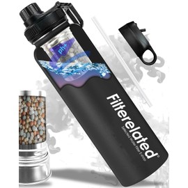 Botella de agua de filtro alcalino portátil de acero inoxidable filtrada de 30 onzas, crea hasta 9+ pH de agua de calidad, botella de agua de viaje deportivo, elimina las impurezas del agua
