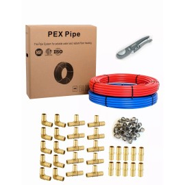 Efield 1/2" 2x 100ft(200ft) PEX Pipe ,30 Pcs 1/2" Brass Fitting, 100 Pcs Clamps ,Cutter