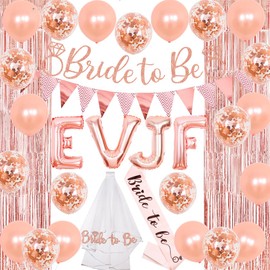 EVJF Decorations Rose Gold - Bride to Be Party Decorations with EVJF Balloons, Bride to Be Satin Sash, Foil Curtain, Bridal Veil for Bridal Shower Proposal Wedding Engagement Party